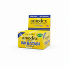 Carmon's Quilt Shop Amodex ink and stain remover trial pack in a yellow display box for fabrics and surfaces