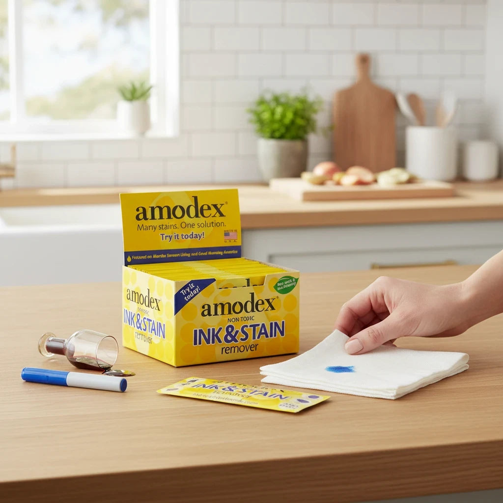 Carmon's Quilt Shop Amodex ink and stain remover trial pack display box with individual sachets on a kitchen counter