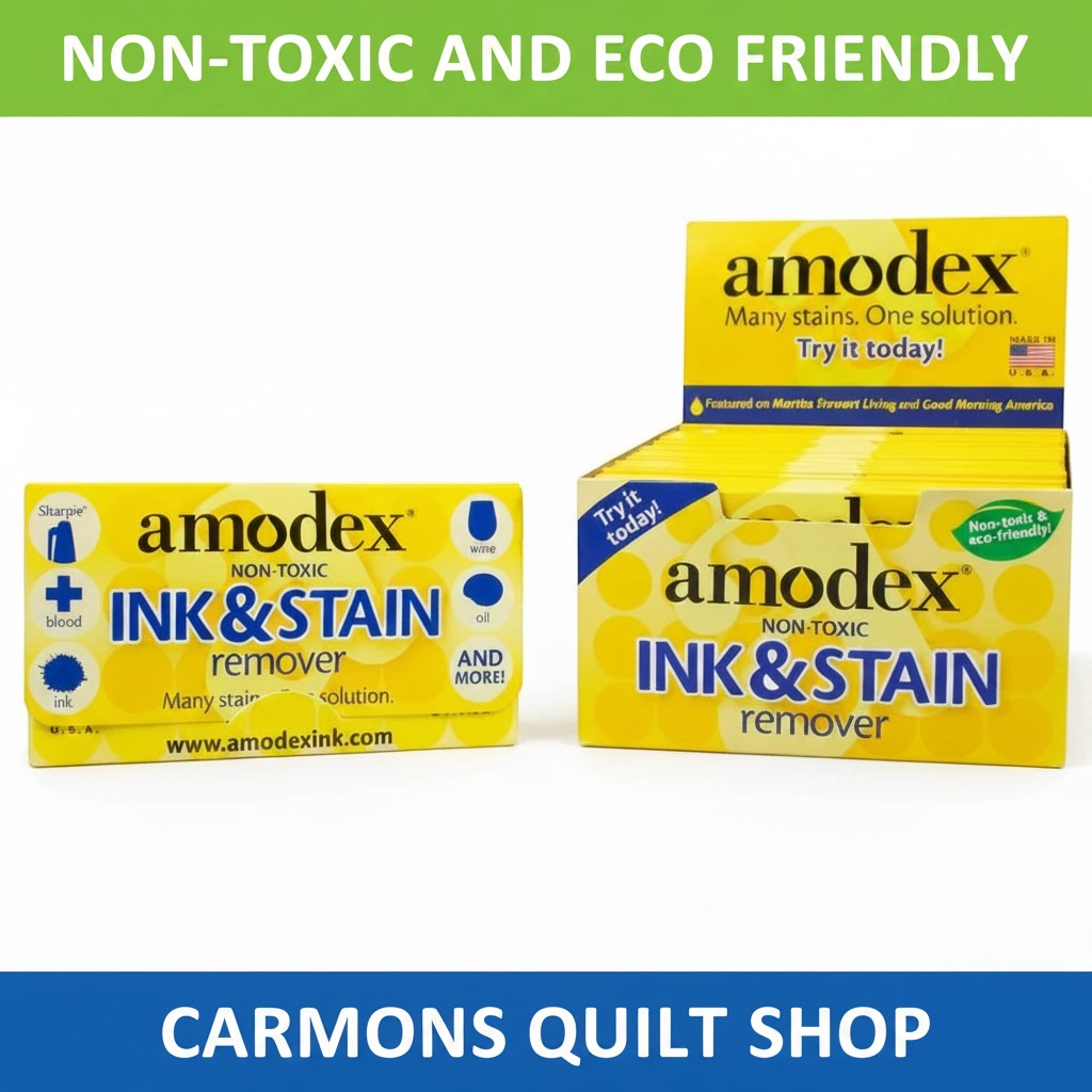 Carmon's Quilt Shop Amodex ink and stain remover trial pack featuring non-toxic eco-friendly cleaning solution
