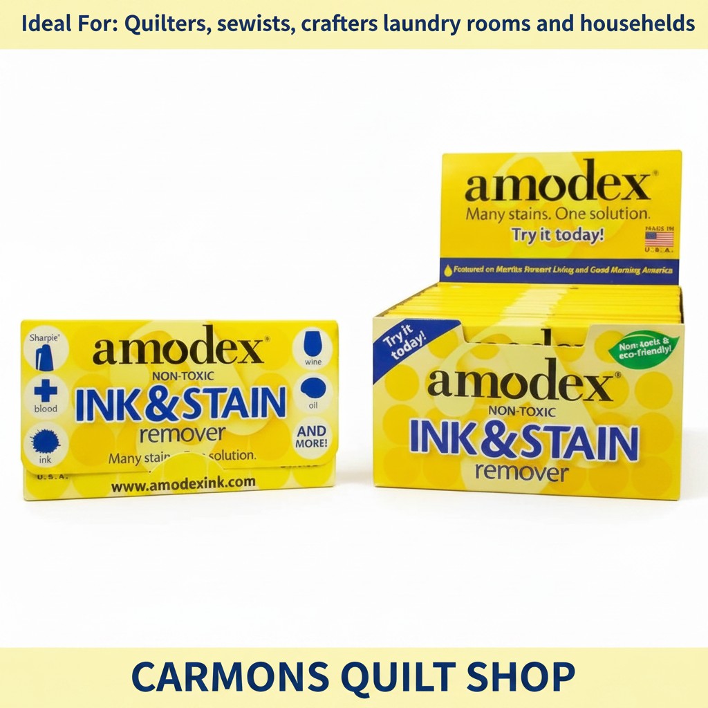 Carmon's Quilt Shop Amodex non-toxic ink and stain remover trial pack and display box for fabrics and surfaces