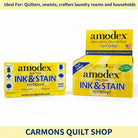 Carmon's Quilt Shop Amodex non-toxic ink and stain remover trial pack and display box for fabrics and surfaces