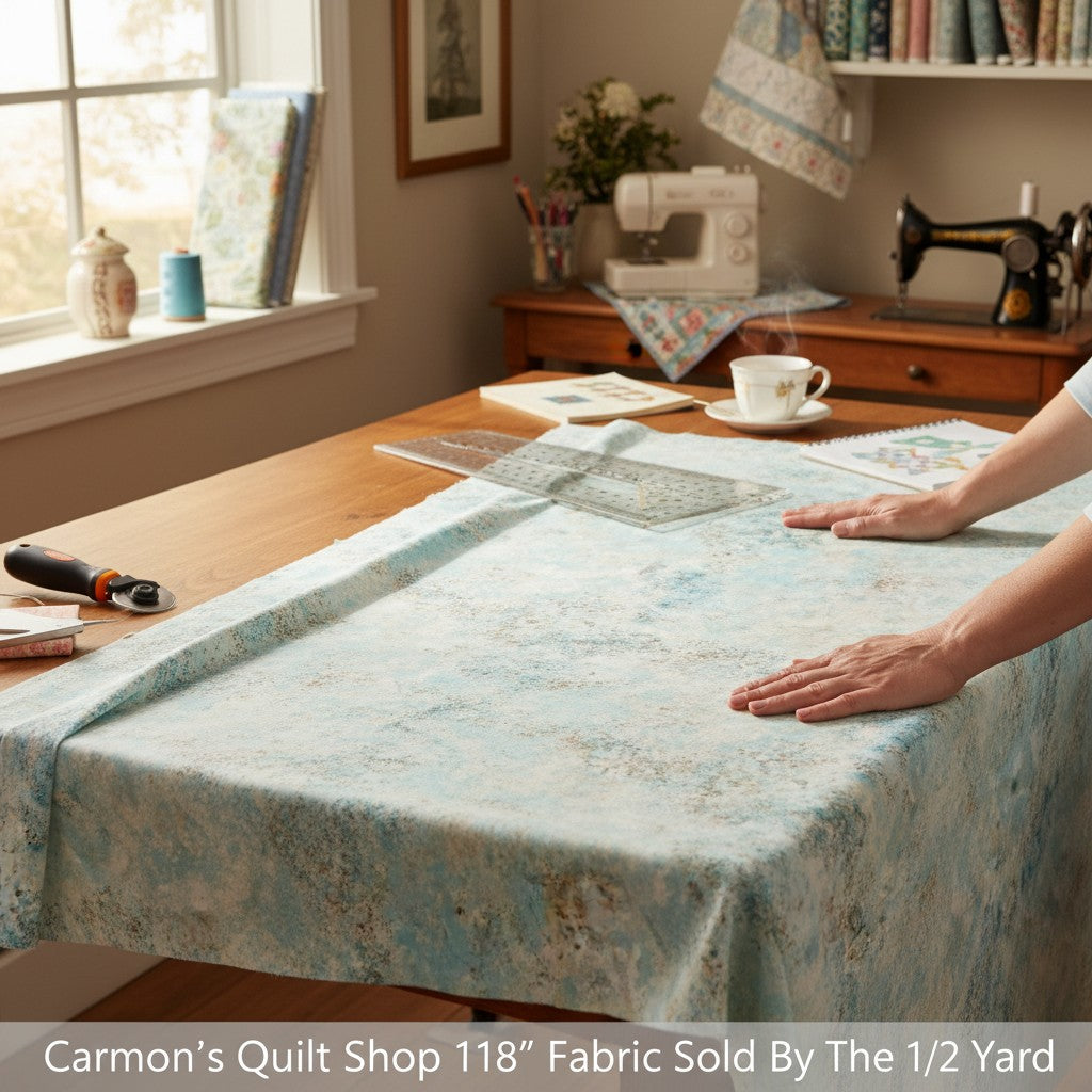 Carmon's Quilt Shop light aqua mottled texture 118 inch wide cotton quilting fabric spread on a wooden table