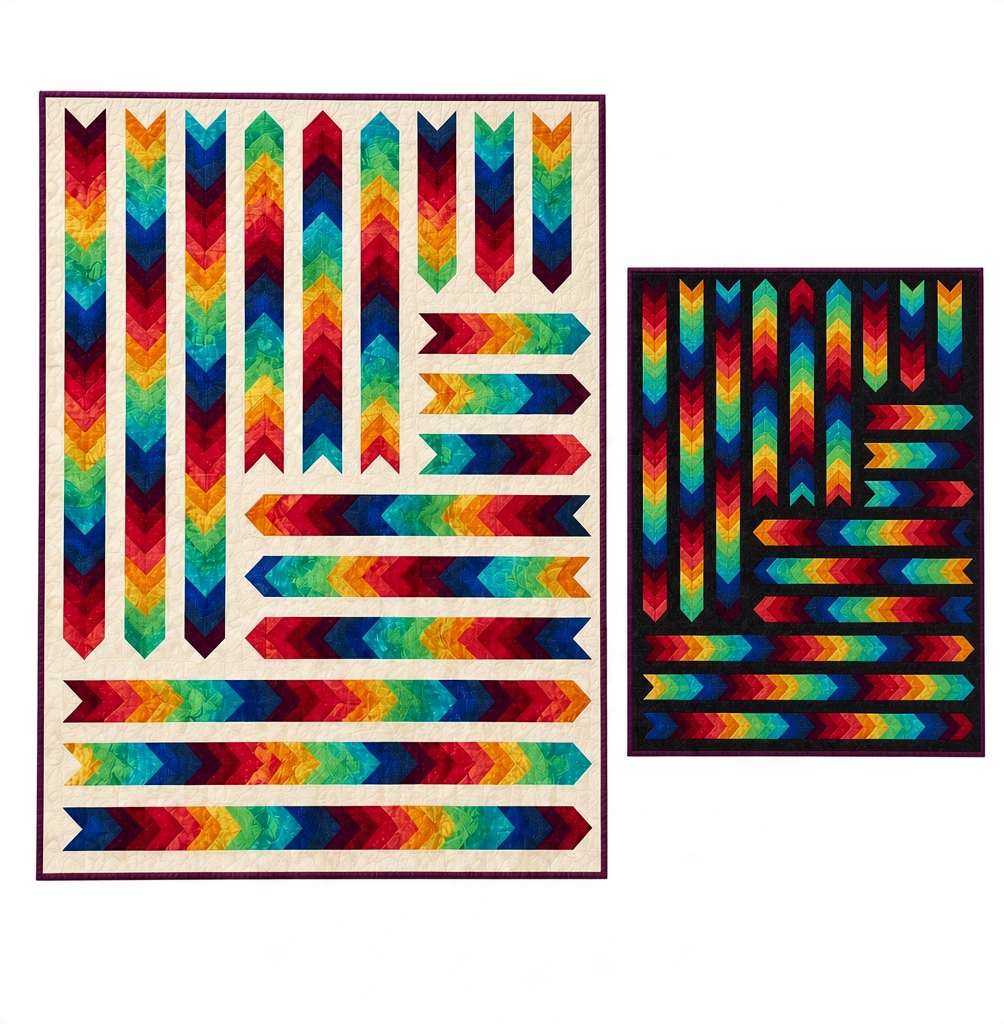 Carmon's Quilt Shop Arrowdynamic quilt kits featuring rainbow arrow patterns on off-white and black backgrounds.