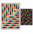Carmon's Quilt Shop Arrowdynamic quilt kits featuring rainbow arrow patterns on off-white and black backgrounds.