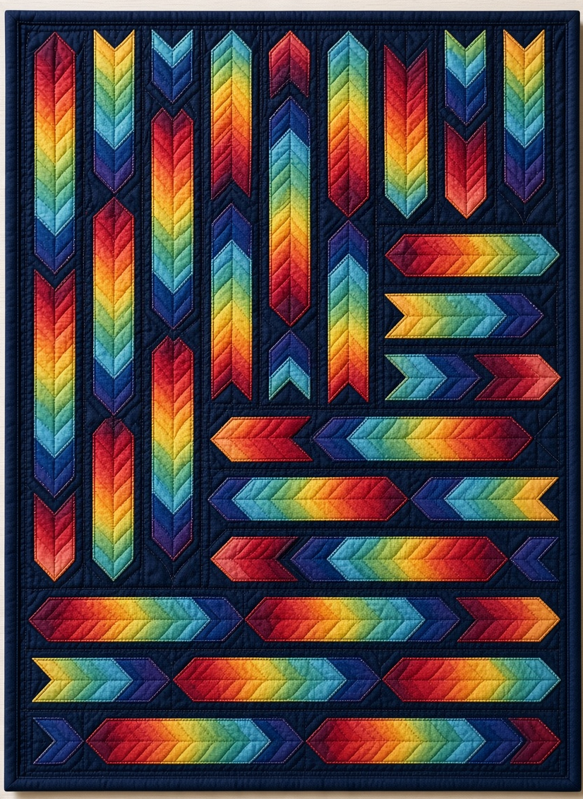 Carmon's Quilt Shop Arrowdynamic quilt kit featuring a vibrant rainbow arrow pattern on a dark background