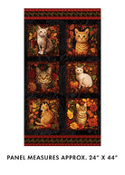 Carmon's Quilt Shop Autumn Cats fabric panel featuring six cat portraits in a black and spice fall leaf setting.
