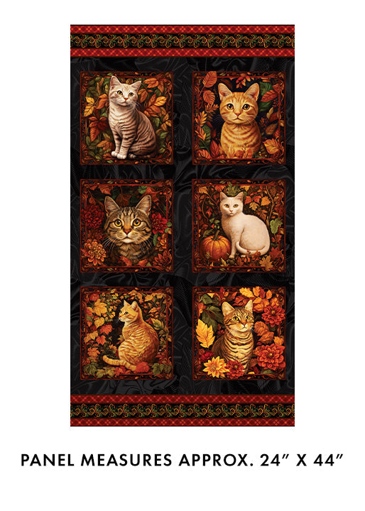Carmon's Quilt Shop Autumn Cats fabric panel featuring six cat portraits in a black and spice fall leaf setting.