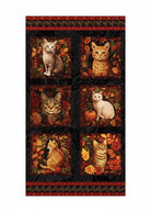 Carmon's Quilt Shop Autumn Cats fabric panel featuring six cat portraits in a black and spice fall leaf setting.