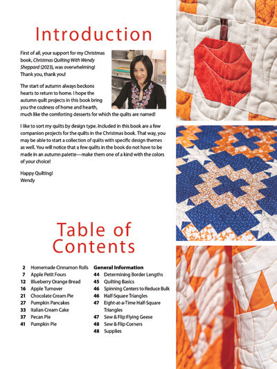 Carmon's Quilt Shop Autumn Quilting with Wendy Sheppard book interior pages showing quilt patterns and introduction