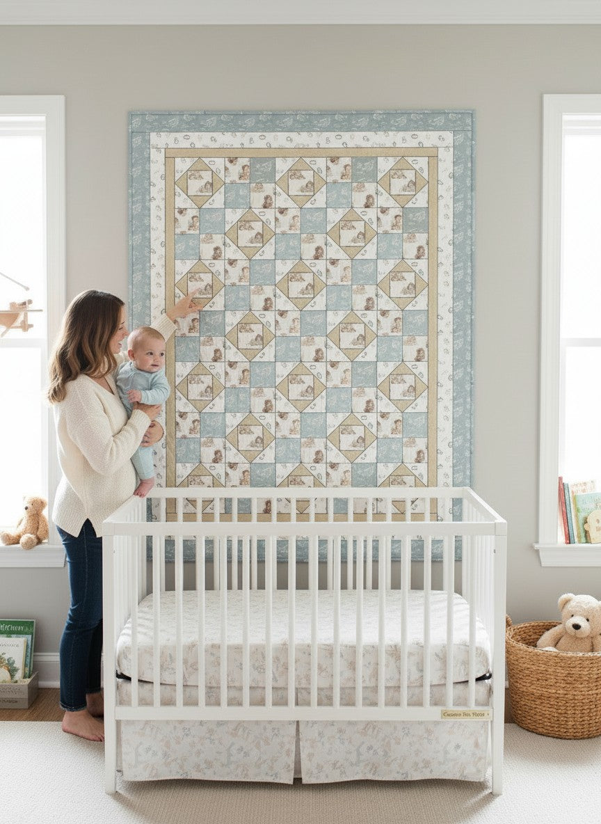 Carmon's Quilt Shop Baby Bears and Airplanes quilt pattern features baby bears in pilot outfits and airplanes in a blue, cream, and beige patchwork design.