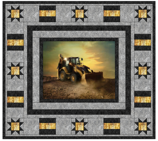 Carmon's Quilt Shop Backhoe Loader quilt kit featuring a construction panel with grey and gold Stonehenge fabrics