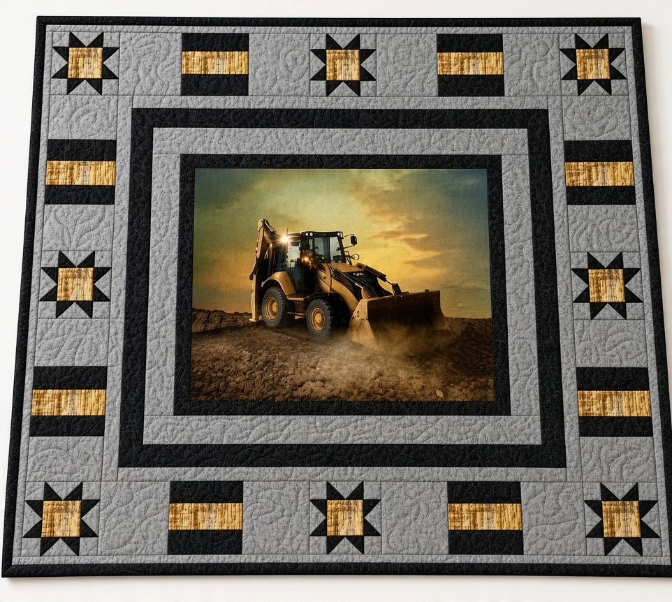 Carmon's Quilt Shop Backhoe Loader quilt kit featuring a construction panel with grey, black, and yellow star blocks.