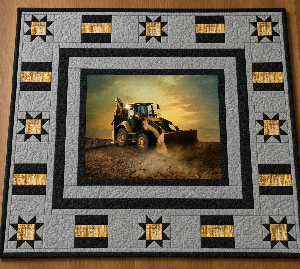 Carmon's Quilt Shop Backhoe Loader quilt kit featuring a construction panel with grey, black, and gold star borders.