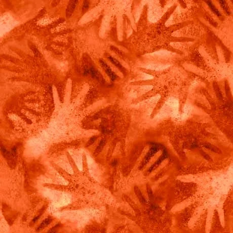 Carmon's Quilt Shop Believe collection 100% cotton fabric in paprika with a handprint pattern.
