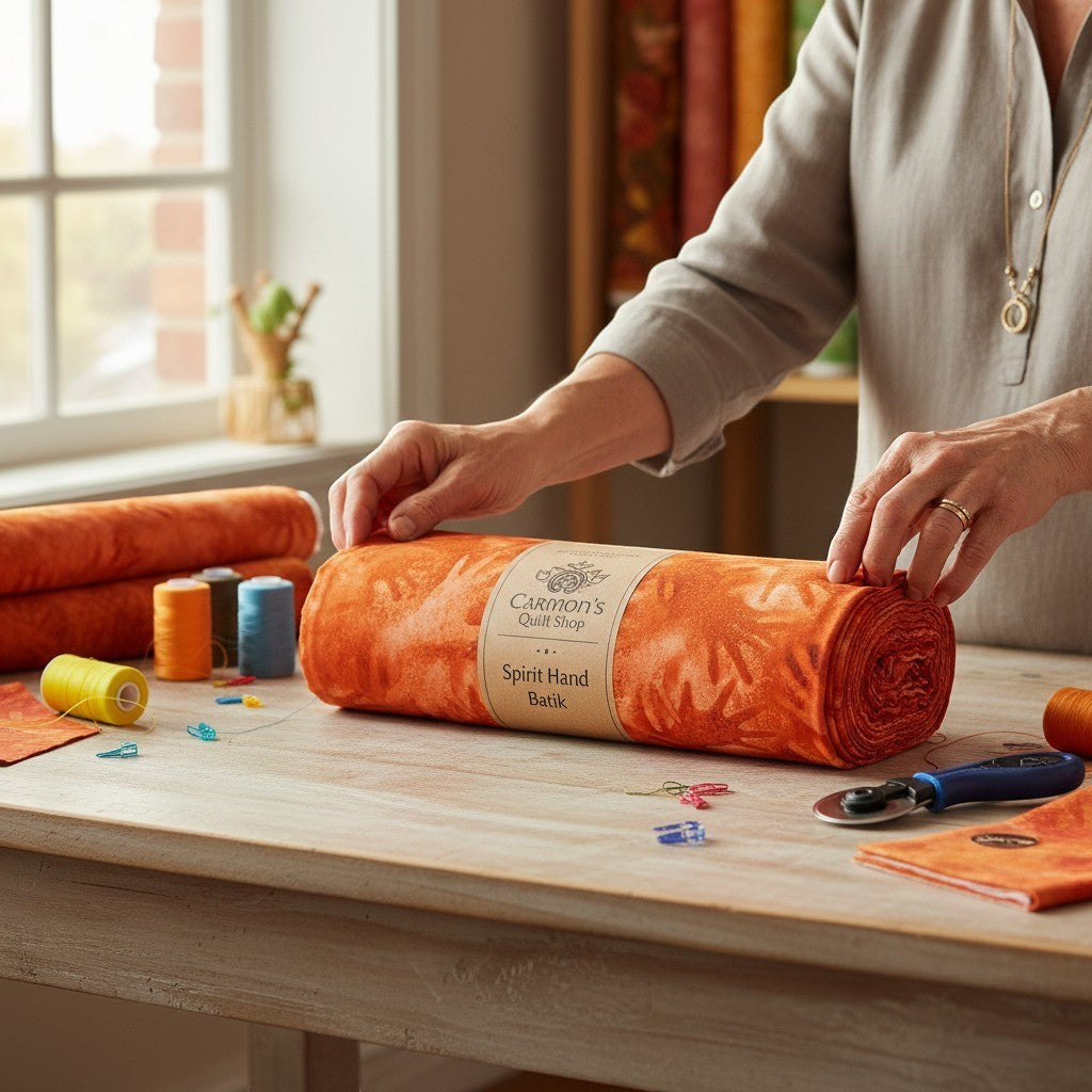 Carmon's Quilt Shop Believe collection 100% cotton fabric in paprika with a handprint pattern.