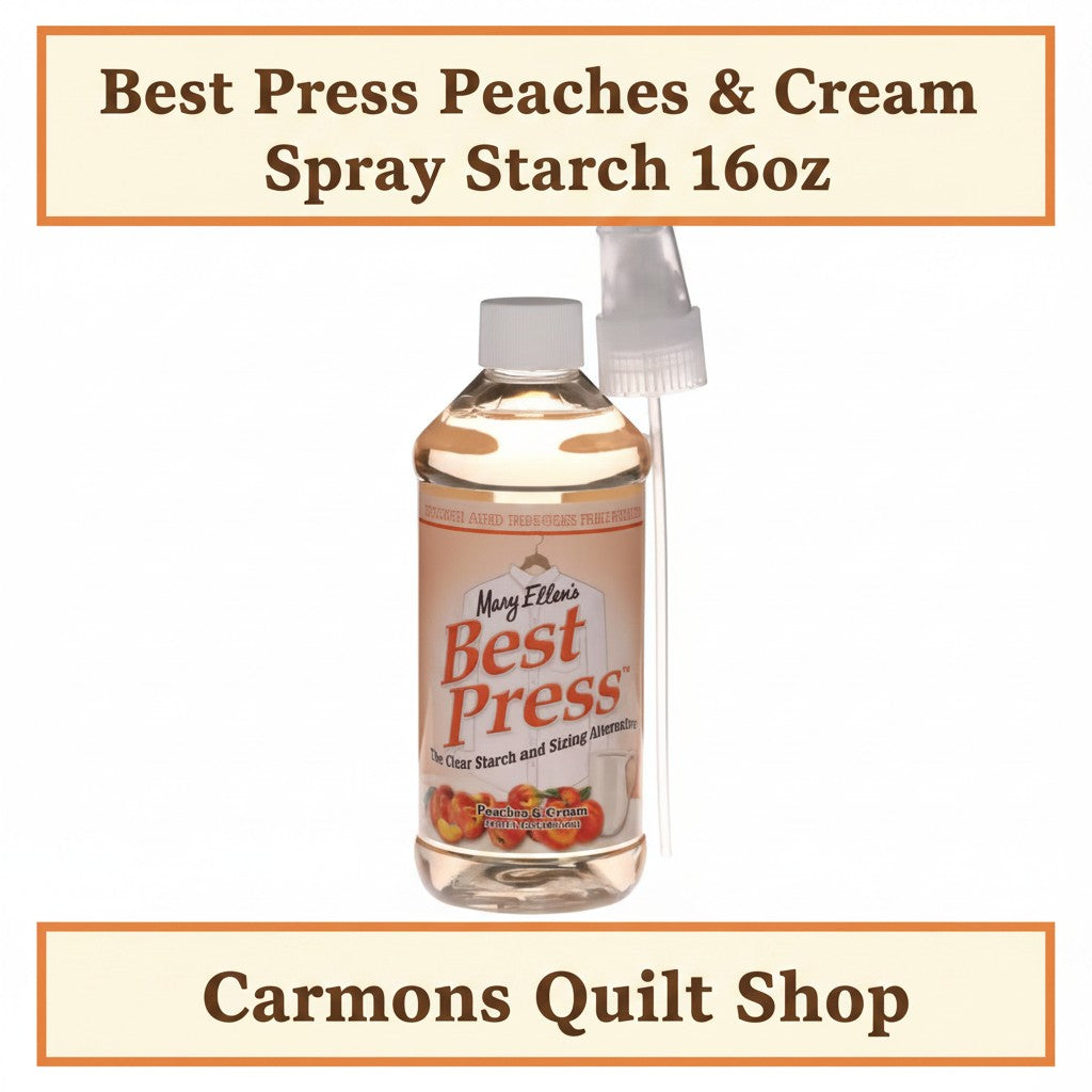 Carmon's Quilt Shop Best Press Peaches & Cream spray starch in a 16oz plastic bottle for quilting and ironing.