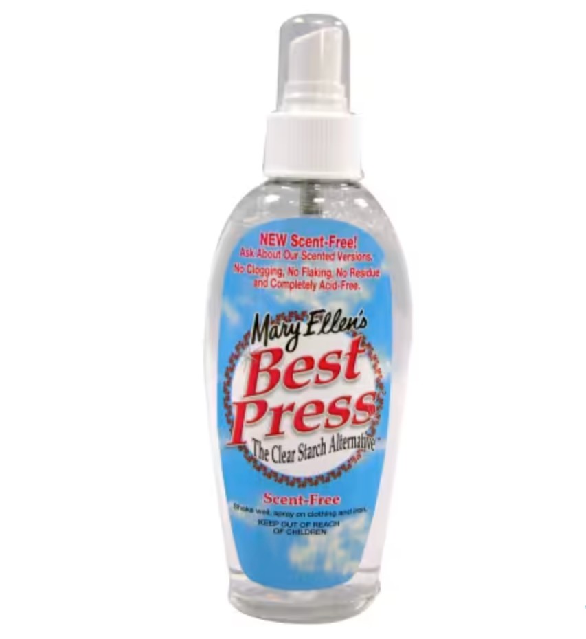 Carmon's Quilt Shop 6 oz bottle of Mary Ellen Products Best Press scent-free fabric starch and sizing alternative.
