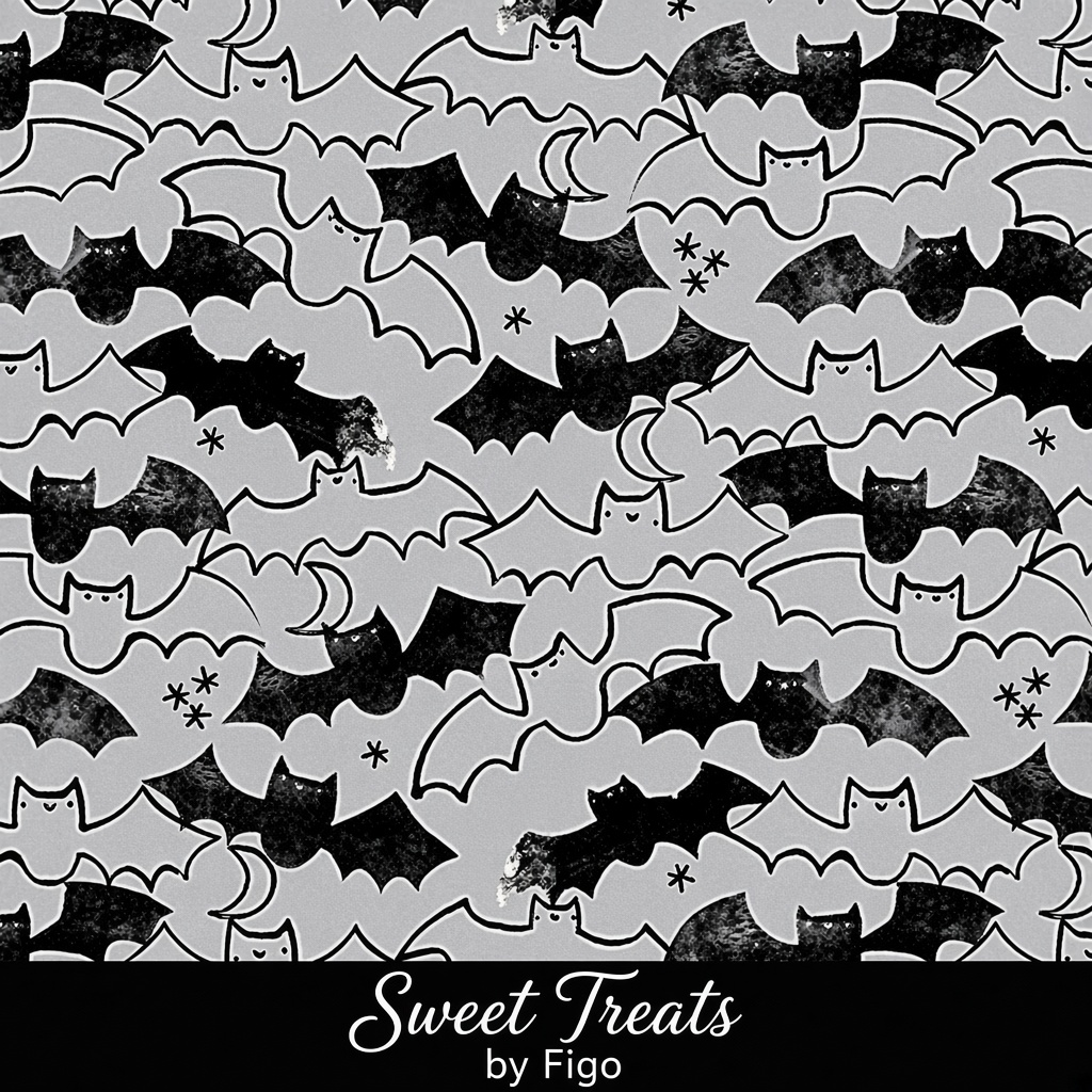 Carmon's Quilt Shop FIGO Fabrics Sweet Treat black and grey cotton quilting fabric with a playful bat pattern.