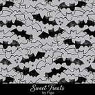 Carmon's Quilt Shop FIGO Fabrics Sweet Treat black and grey cotton quilting fabric with a playful bat pattern.