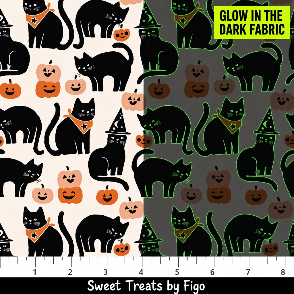 Carmon's Quilt Shop FIGO Fabrics black cotton quilting fabric featuring a glow-in-the-dark cat and pumpkin pattern.