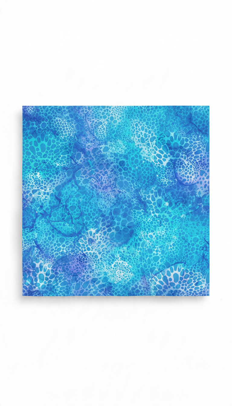 Carmon's Quilt Shop Coral Reef Blue Bubbles fabric with an abstract aquatic bubble pattern in shades of blue.