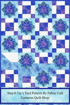 Carmon's Quilt Shop Step It Up 5-Yard Quilt pattern featuring blue and purple star blocks on a white background