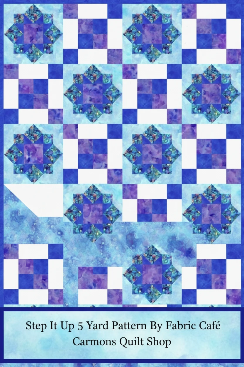 Carmon's Quilt Shop Step It Up 5-Yard Quilt pattern featuring blue and purple star blocks on a white background