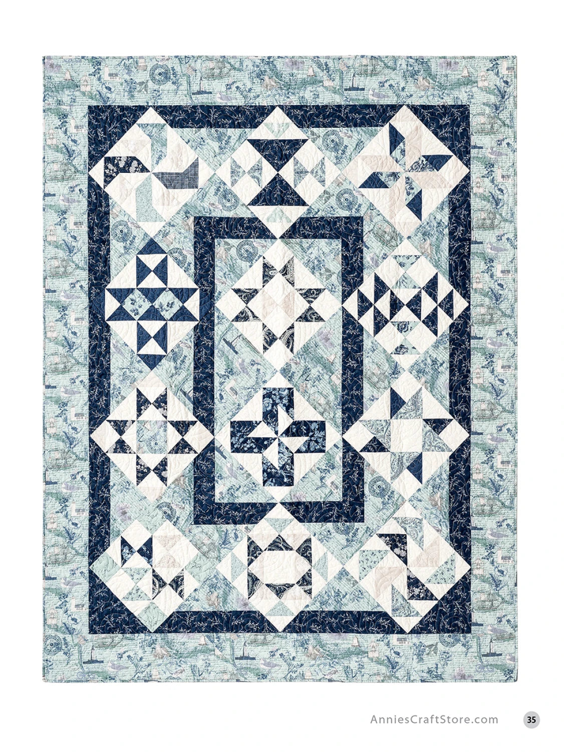 Carmon's Quilt Shop Mix & Match Quilt Sampler featuring blue and white geometric blocks and nautical fabric borders.