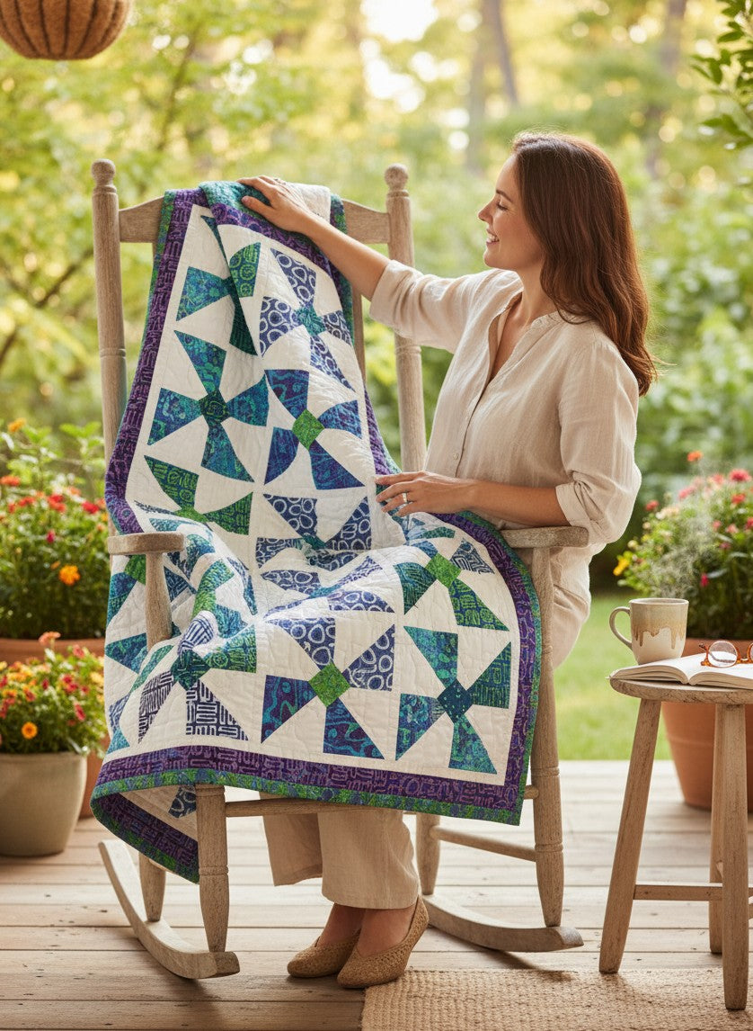Carmon's Quilt Shop Bold in Bloom quilt with blue and green pinwheel patterns draped over a wooden rocking chair.
