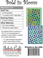 Carmon's Quilt Shop Fabric Café Bold in Bloom quilt pattern instruction sheet with materials list and quilt design.