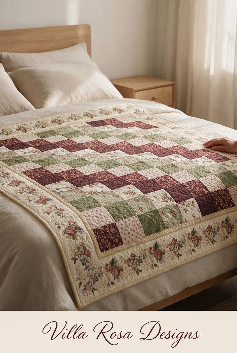 Carmon's Quilt Shop Bolero quilt pattern by Villa Rosa Designs featuring a patchwork design in floral and solid tones