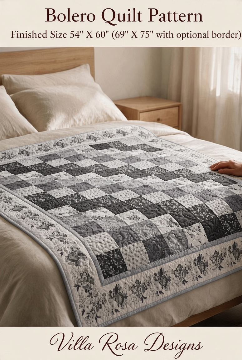 Carmon's Quilt Shop Bolero quilt pattern by Villa Rosa Designs featuring a grey and white floral patchwork design.