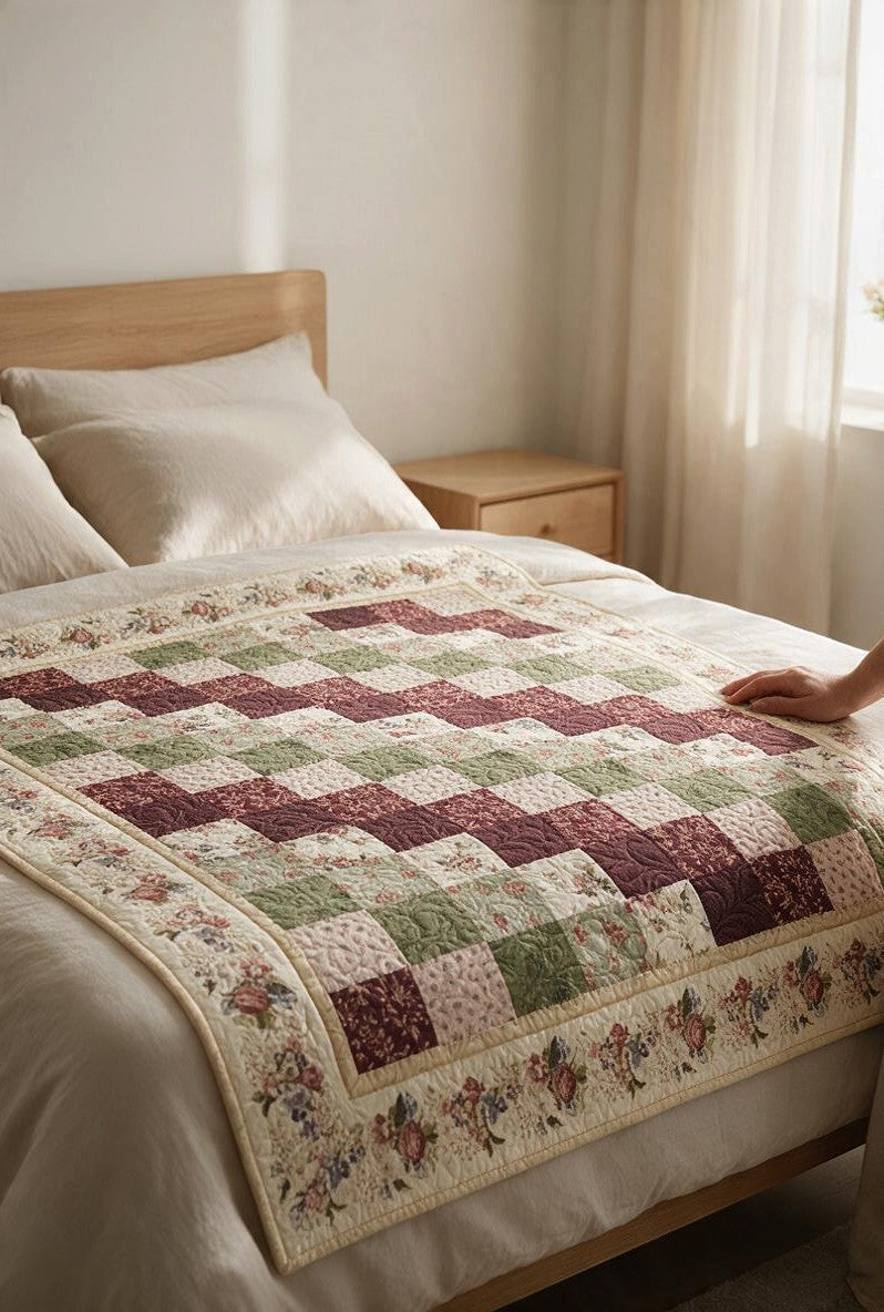 Carmon's Quilt Shop Bolero quilt pattern featuring a patchwork design in floral burgundy and sage green fabrics.