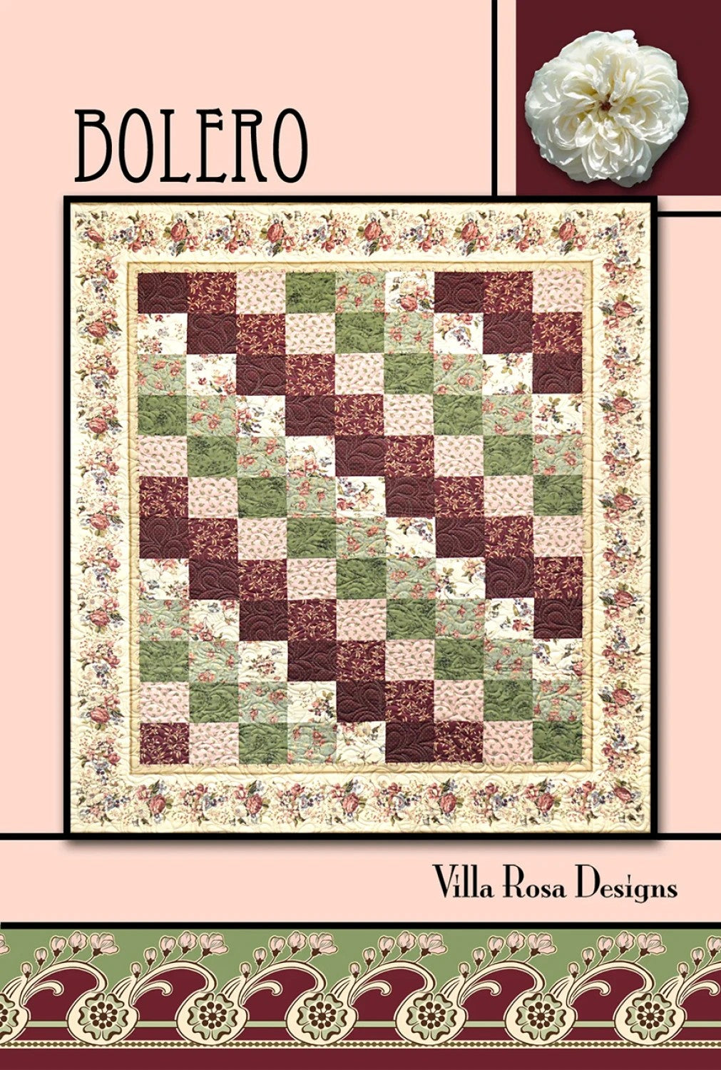 Carmon's Quilt Shop Bolero quilt pattern by Villa Rosa Designs featuring a floral patchwork design in pink and green.