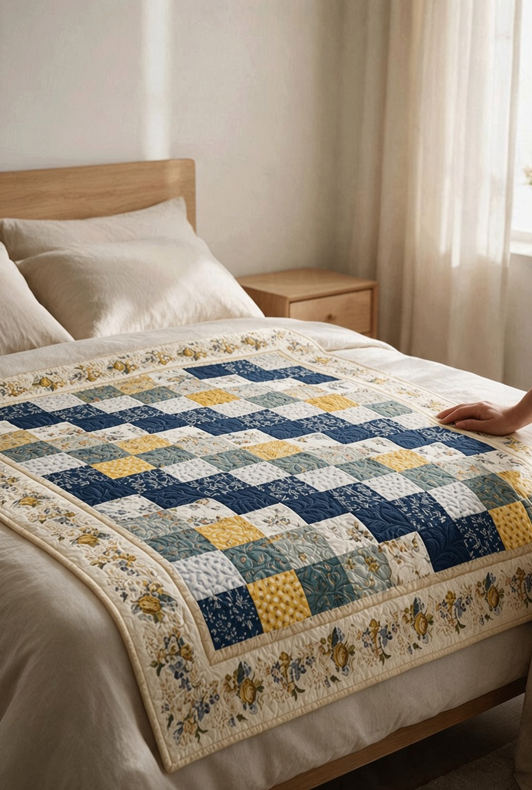 Carmon's Quilt Shop Bolero quilt pattern featuring a blue, yellow, and cream floral patchwork design on a bed
