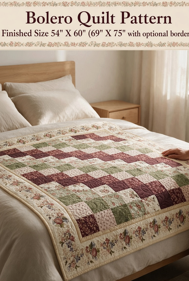 Carmon's Quilt Shop Bolero quilt pattern featuring a patchwork design in burgundy, sage green, and floral cream fabric.