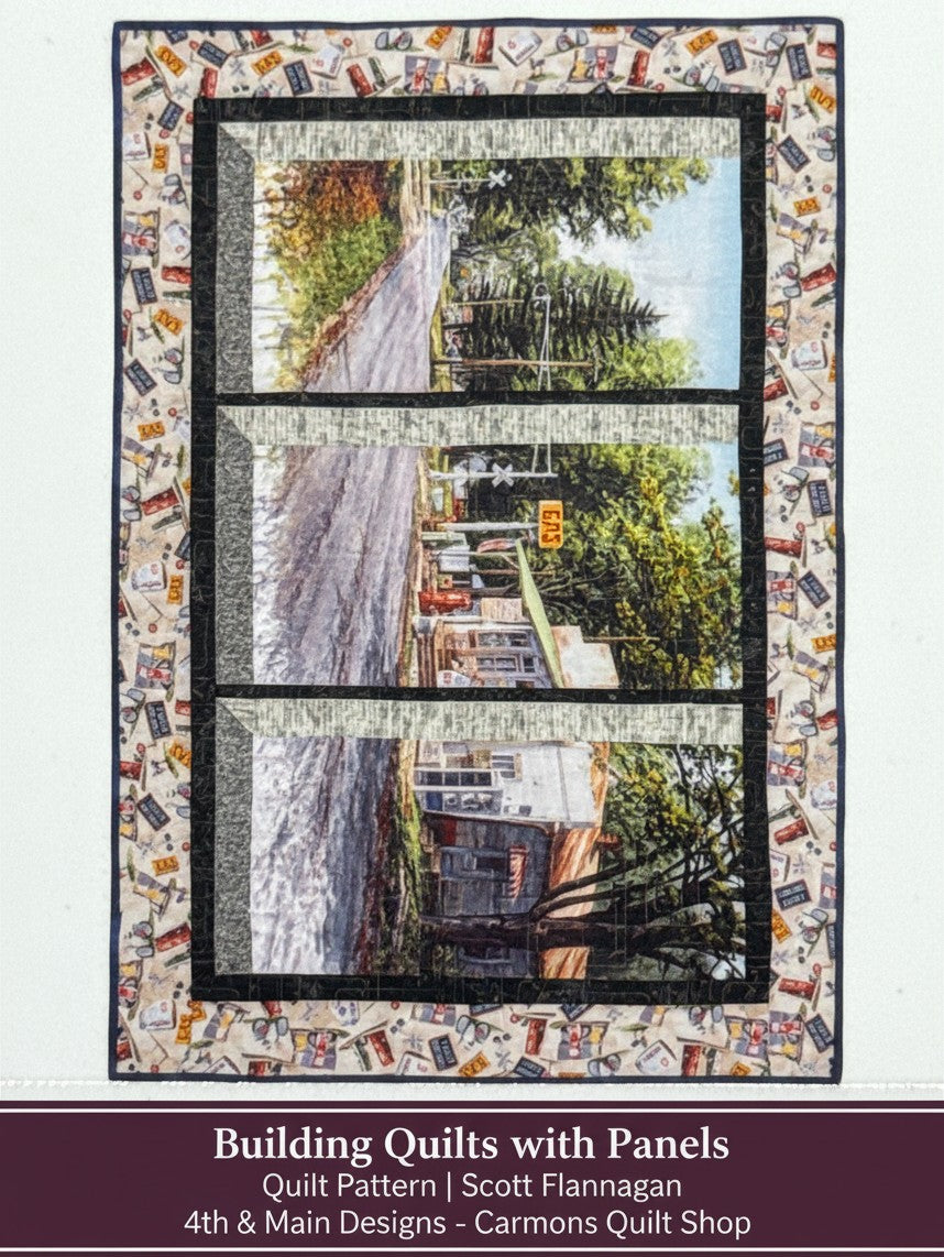 Carmon's Quilt Shop Building Quilts with Panels pattern featuring a landscape scene quilt with a vintage border