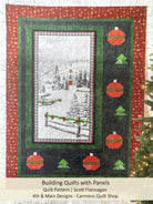 Carmon's Quilt Shop Building Quilts with Panels pattern featuring a festive winter church scene and Christmas ornaments