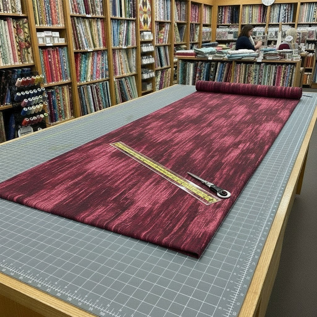 Carmon's Quilt Shop burgundy wood textured abstract cotton quilting fabric laid out on a cutting mat in a quilt shop.