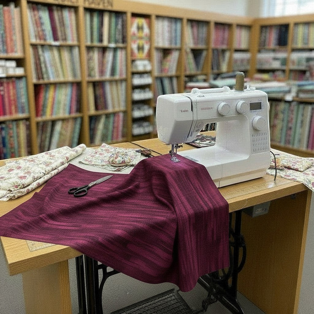 Carmon's Quilt Shop burgundy wood textured abstract cotton fabric on a sewing machine in a fabric store