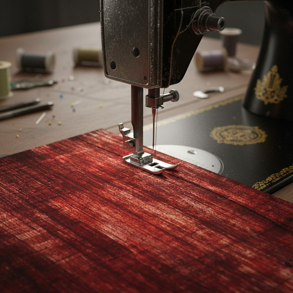 Carmon's Quilt Shop burgundy wood textured cotton fabric being stitched under a vintage sewing machine