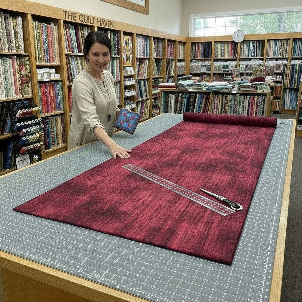 Carmon's Quilt Shop employee measuring burgundy wood-textured 118-inch wide cotton quilting fabric on a cutting table.