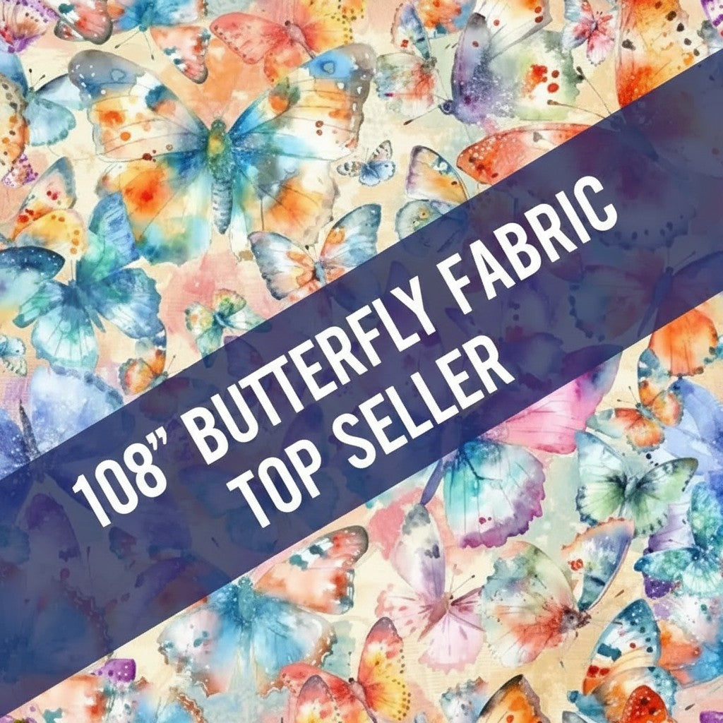 Carmon's Quilt Shop Butterfly Wishes cream 108-inch wide cotton quilt backing fabric with colorful butterfly print