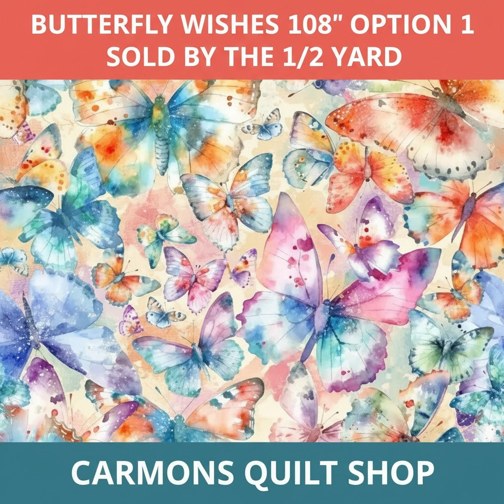 Carmon's Quilt Shop cream cotton fabric featuring a colorful watercolor butterfly and floral print for quilt backing.