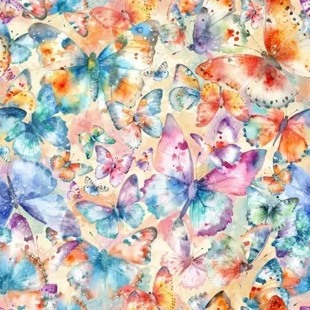 Carmon's Quilt Shop Butterfly Wishes cream 108-inch wide cotton quilt backing with watercolor butterfly print