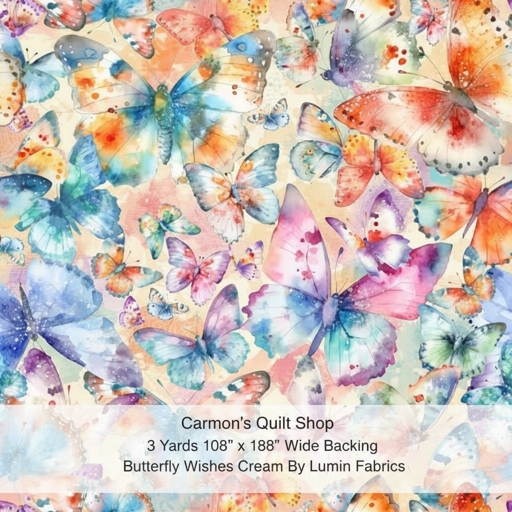 Carmon's Quilt Shop Butterfly Wishes cream 108-inch wide cotton quilt backing fabric with colorful watercolor butterflies
