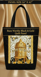 Carmon's Quilt Shop Buzz Worthy black and gold fabric panel featuring a beehive design and Save the Bees text