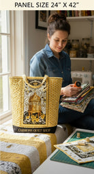 Carmon's Quilt Shop Buzz Worthy fabric panel featuring a bee skep design in black and gold, sewn into a tote bag.