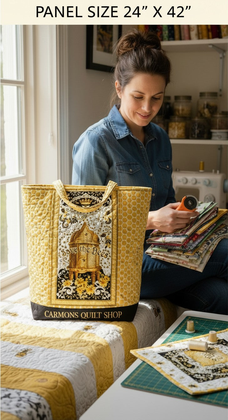 Carmon's Quilt Shop Buzz Worthy fabric panel featuring a bee skep design in black and gold, sewn into a tote bag.