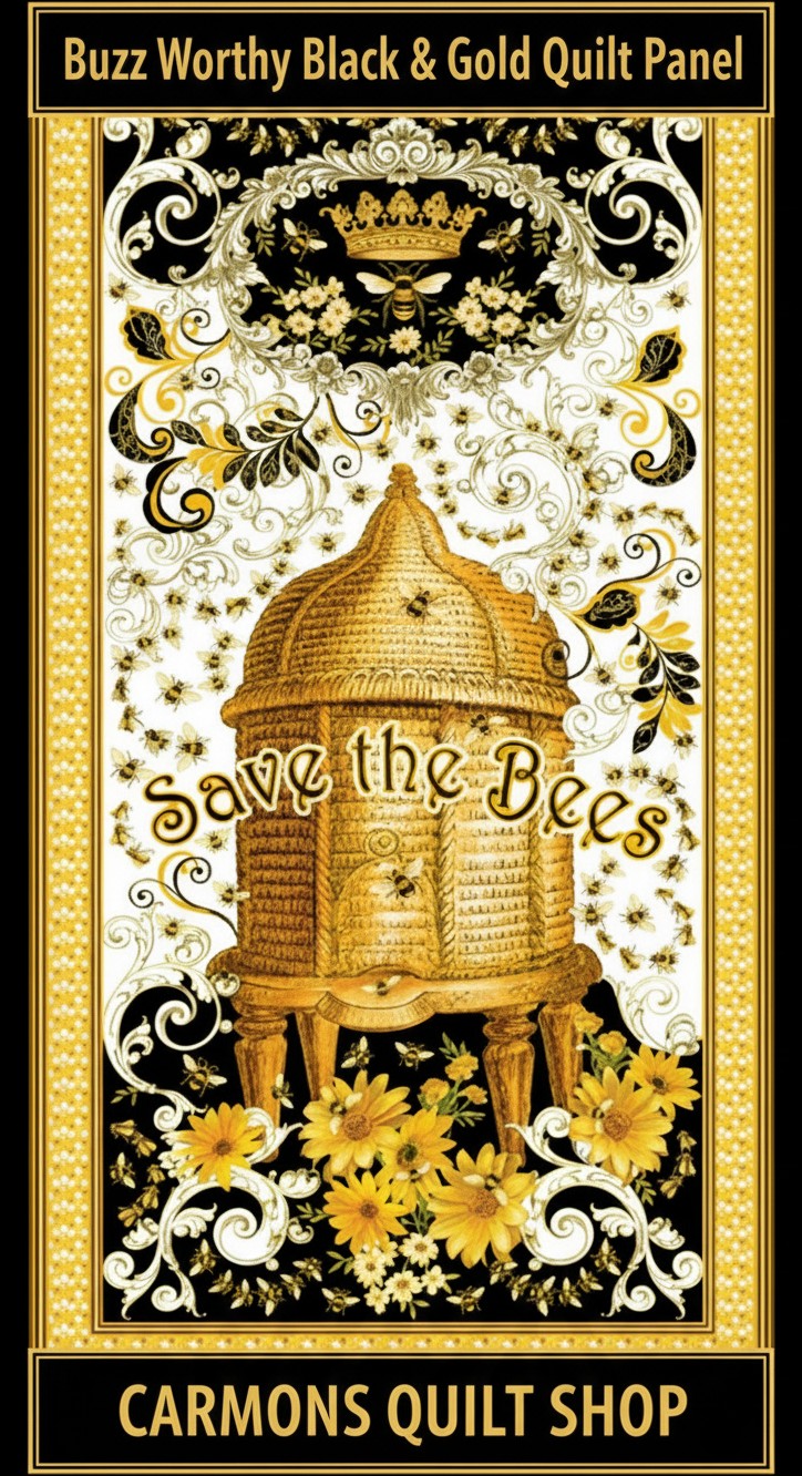 Carmon's Quilt Shop Buzz Worthy fabric panel featuring a gold beehive, bees, and floral motifs in black and gold.